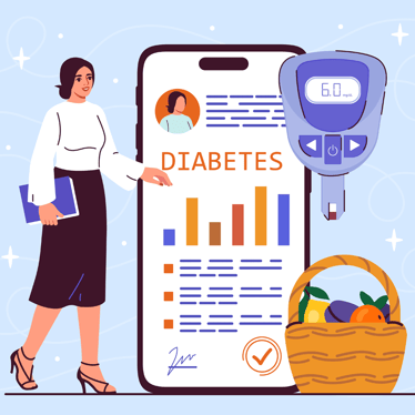 Woman with diabetes management elements, graphs and a blood glucose meter, on a light blue background, portraying health awareness. Flat vector illustration