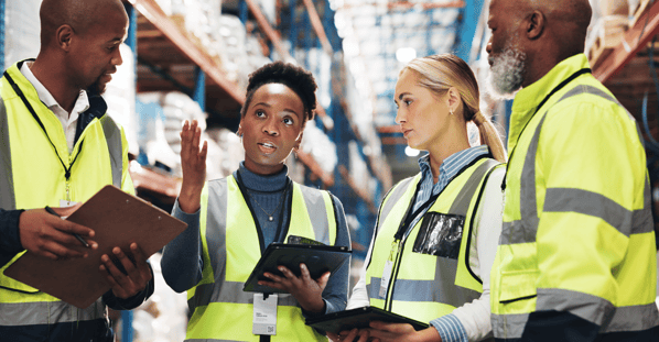 Warehouse, supply chain and people with tablet in meeting for inspection checklist, plan and update. Dropshipping, storage and worker with tech by shelf for inventory, export or operations management