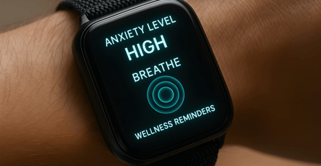 Jan 2026 Blog 1200x625 px - A smartwatch displays a high anxiety level and reminds user to breathe, promoting wellness