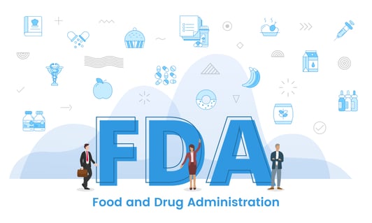 AdobeStock_634377538 fda food and drug administration concept with big words and people surrounded by related icon with blue color style