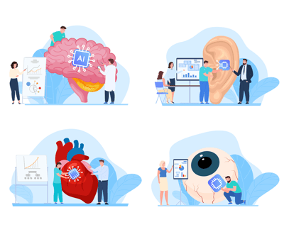 Artificial implant for brain eye ear and heart science analyzing concept set vector flat 1000x800 px