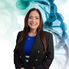 Jen Diaz headshot with Medmarc DNA helix as background