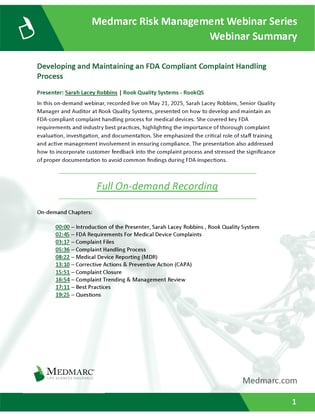 2025-05-21-Developing and Maintaining an FDA Compliant Complaint Handling Process Summary